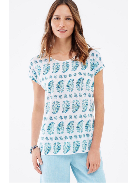 J.Jill Tops - Women's J.Jill Linen Short Sleeve Tee, Size M, White and Blue Paisley